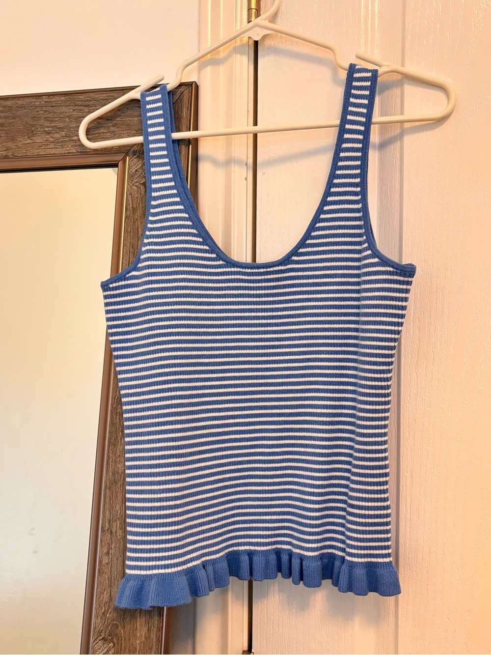 Blue striped ruffle tank